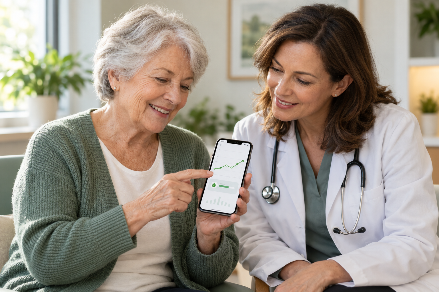 An older woman shows her blood sugar journal on her phone to her doctor during a consultation