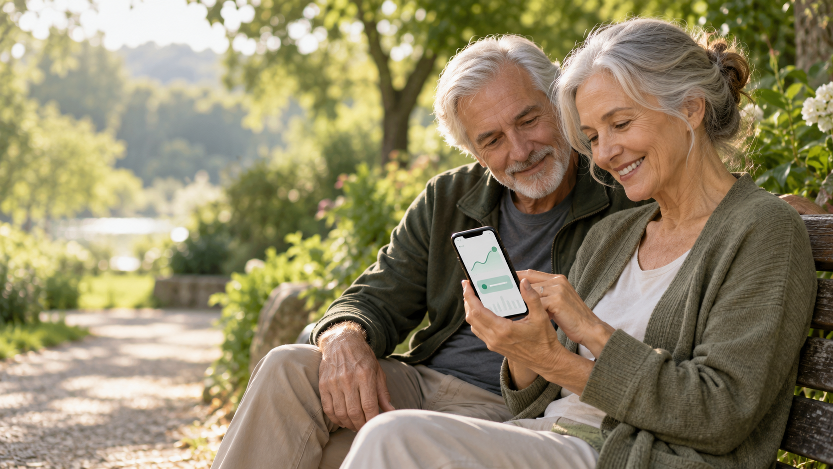 An older couple sits together in a leafy garden, looking at a glucose journal on a phone