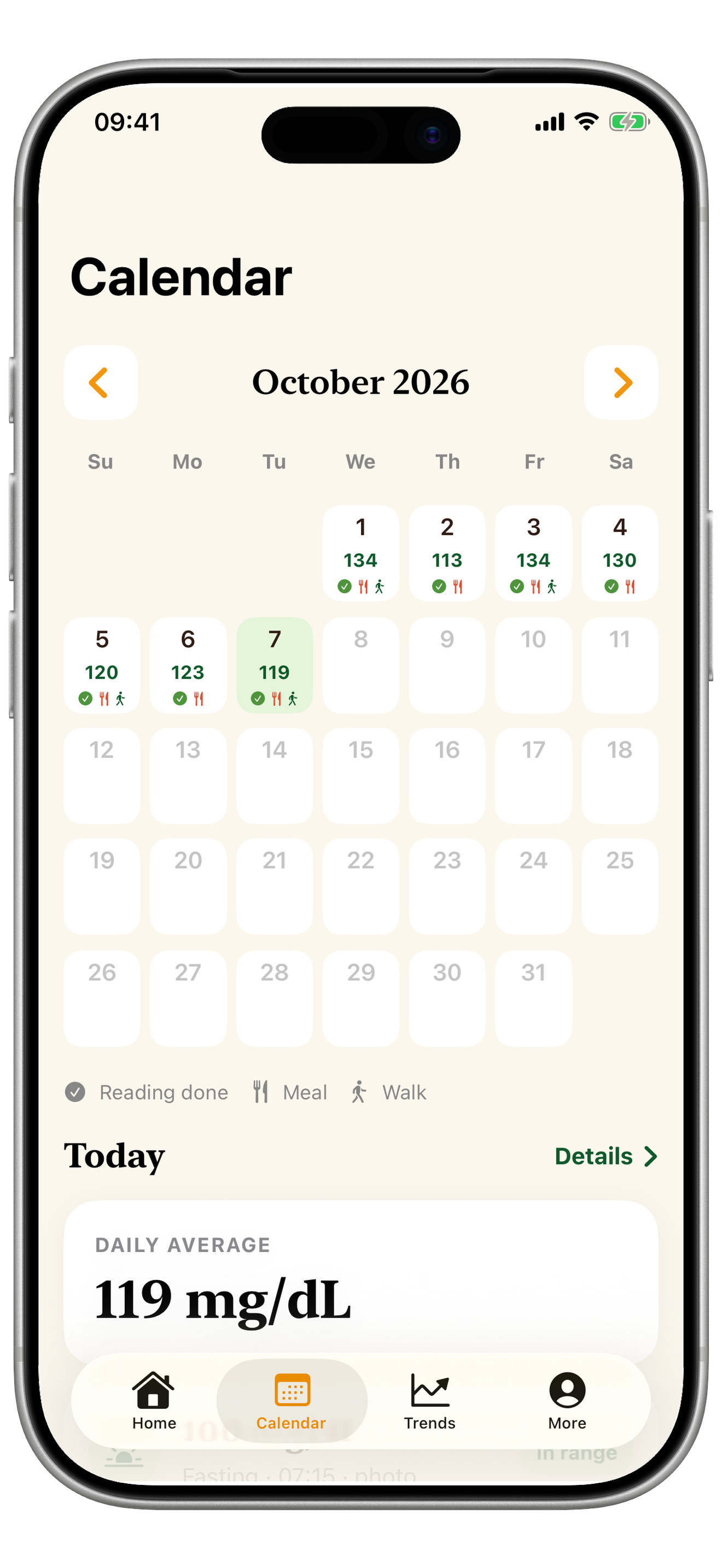 GlucoLog iPhone calendar with sample readings, meals and activity