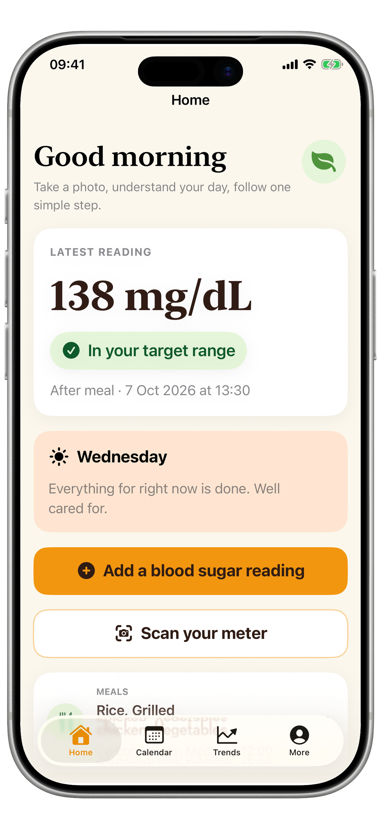GlucoLog iPhone daily view with sample blood sugar reading and journal entries